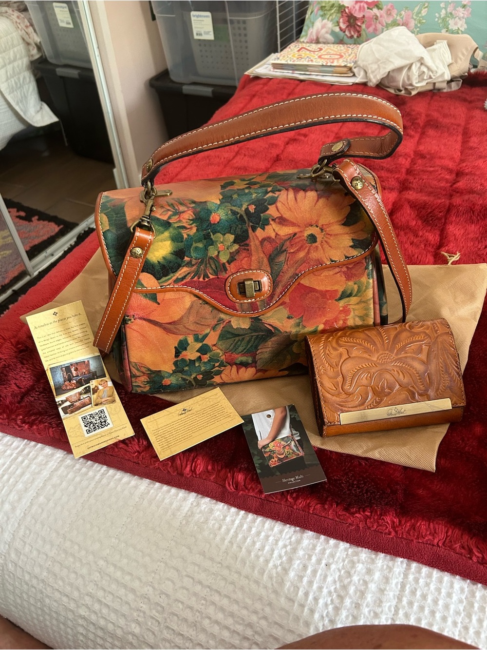 Patricia Nash Floral Leather Shoulder Bag with Tan Trim